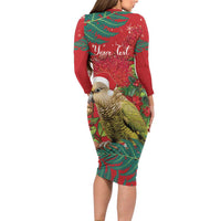 Personalised New Zealand Kakapo Christmas Long Sleeve Bodycon Dress Meri Kirihimete Silver Fern Mix Pohutukawa LT14 - Polynesian Pride