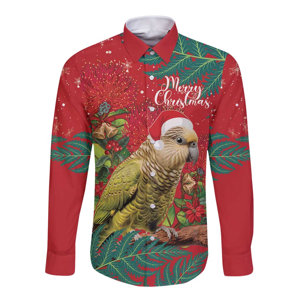 Personalised New Zealand Kakapo Christmas Long Sleeve Button Shirt Meri Kirihimete Silver Fern Mix Pohutukawa LT14 Unisex Red - Polynesian Pride