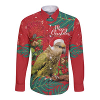 Personalised New Zealand Kakapo Christmas Long Sleeve Button Shirt Meri Kirihimete Silver Fern Mix Pohutukawa LT14 Unisex Red - Polynesian Pride