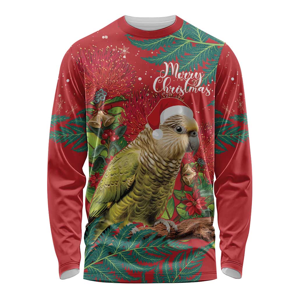 Personalised New Zealand Kakapo Christmas Long Sleeve Shirt Meri Kirihimete Silver Fern Mix Pohutukawa LT14 Unisex Red - Polynesian Pride