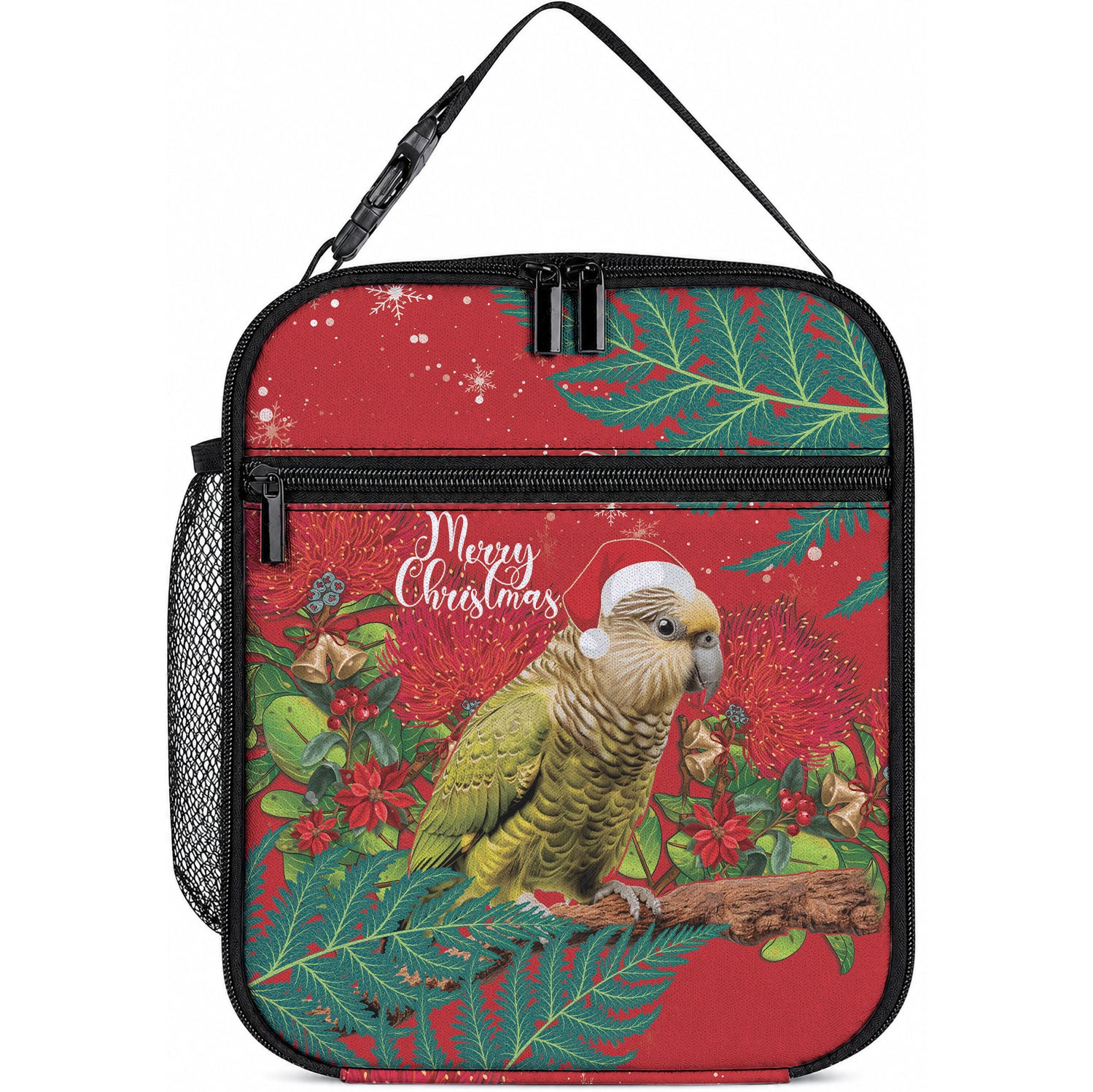 Personalised New Zealand Kakapo Christmas Lunch Bag Meri Kirihimete Silver Fern Mix Pohutukawa LT14 10.2 × 8.3 × 4.3 inch Red - Polynesian Pride