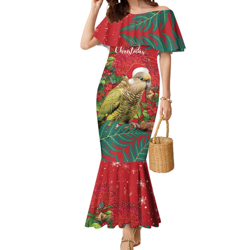 Personalised New Zealand Kakapo Christmas Mermaid Dress Meri Kirihimete Silver Fern Mix Pohutukawa LT14 Women Red - Polynesian Pride
