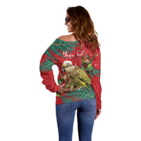 Personalised New Zealand Kakapo Christmas Off Shoulder Sweater Meri Kirihimete Silver Fern Mix Pohutukawa LT14 - Polynesian Pride