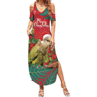 Personalised New Zealand Kakapo Christmas Summer Maxi Dress Meri Kirihimete Silver Fern Mix Pohutukawa LT14 Women Red - Polynesian Pride