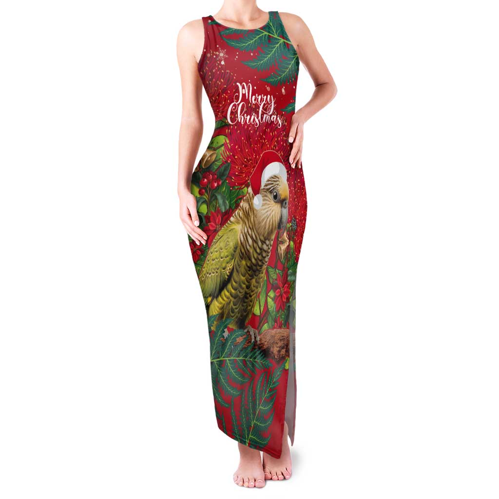 Personalised New Zealand Kakapo Christmas Tank Maxi Dress Meri Kirihimete Silver Fern Mix Pohutukawa LT14 Women Red - Polynesian Pride
