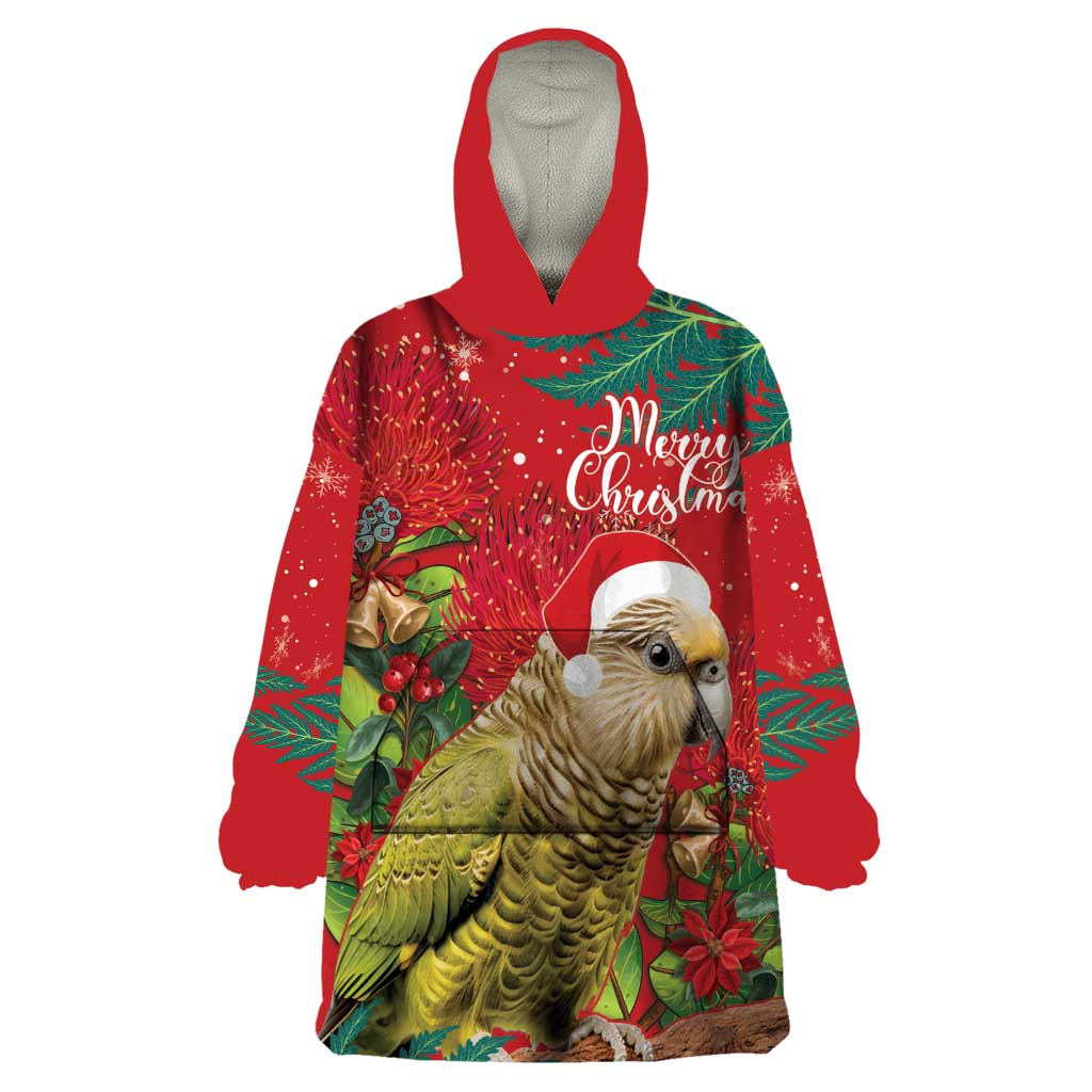Personalised New Zealand Kakapo Christmas Wearable Blanket Hoodie Meri Kirihimete Silver Fern Mix Pohutukawa LT14 One Size Red - Polynesian Pride