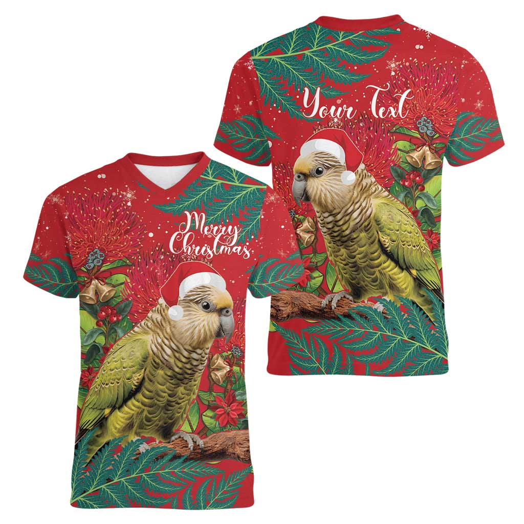 Personalised New Zealand Kakapo Christmas Women V-Neck T-Shirt Meri Kirihimete Silver Fern Mix Pohutukawa