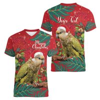 Personalised New Zealand Kakapo Christmas Women V-Neck T-Shirt Meri Kirihimete Silver Fern Mix Pohutukawa