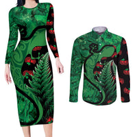 New Zealand Gecko Christmas Couples Matching Long Sleeve Bodycon Dress and Long Sleeve Button Shirt Meri Kirihimete Paua Shell Mix Pohutukawa LT14 Green - Polynesian Pride