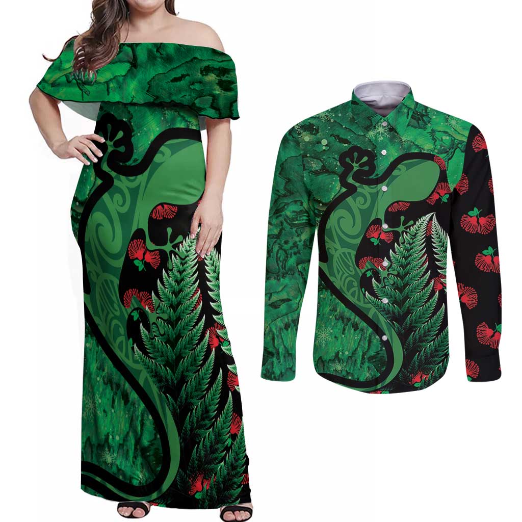 New Zealand Gecko Christmas Couples Matching Off Shoulder Maxi Dress and Long Sleeve Button Shirt Meri Kirihimete Paua Shell Mix Pohutukawa LT14 Green - Polynesian Pride