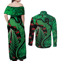 New Zealand Gecko Christmas Couples Matching Off Shoulder Maxi Dress and Long Sleeve Button Shirt Meri Kirihimete Paua Shell Mix Pohutukawa LT14 - Polynesian Pride