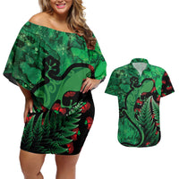 New Zealand Gecko Christmas Couples Matching Off Shoulder Short Dress and Hawaiian Shirt Meri Kirihimete Paua Shell Mix Pohutukawa LT14 Green - Polynesian Pride