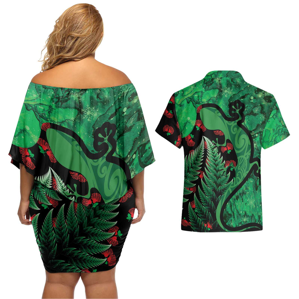 New Zealand Gecko Christmas Couples Matching Off Shoulder Short Dress and Hawaiian Shirt Meri Kirihimete Paua Shell Mix Pohutukawa LT14 - Polynesian Pride