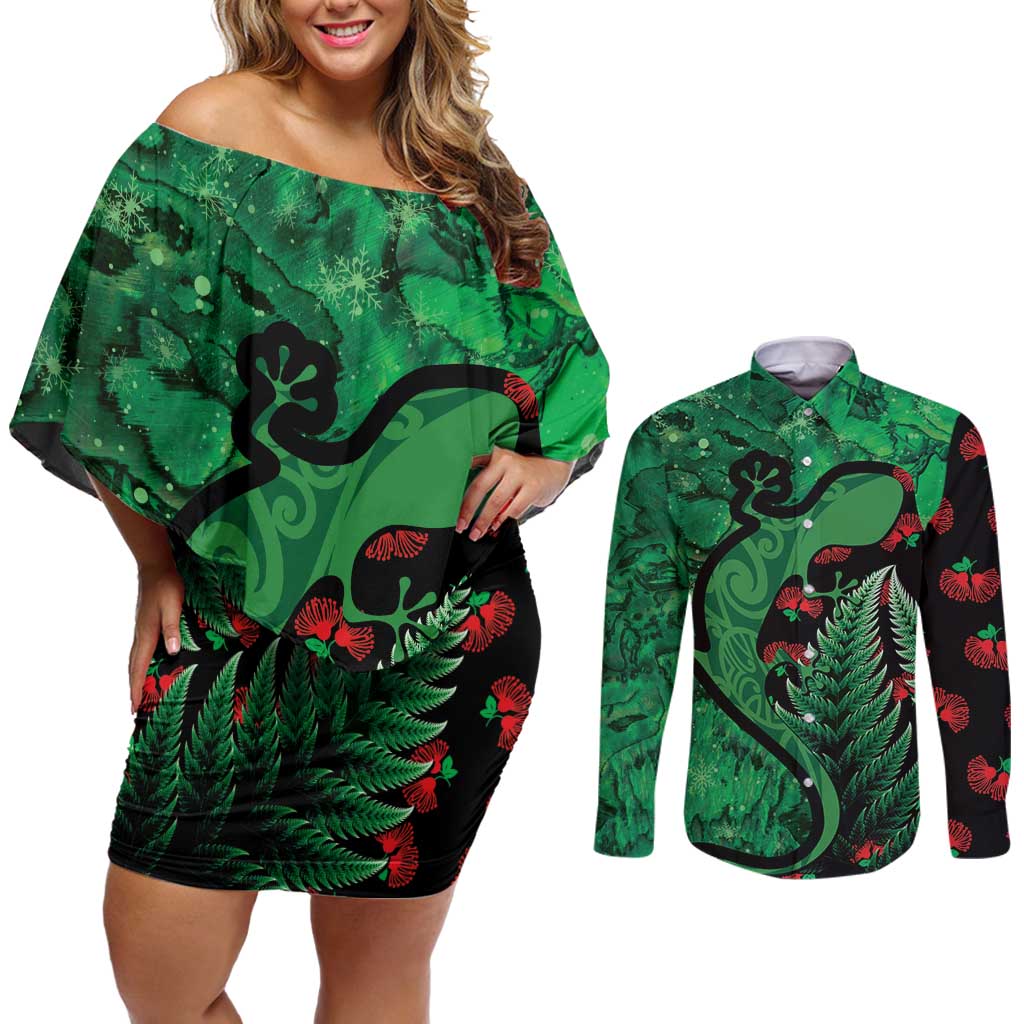 New Zealand Gecko Christmas Couples Matching Off Shoulder Short Dress and Long Sleeve Button Shirt Meri Kirihimete Paua Shell Mix Pohutukawa LT14 Green - Polynesian Pride