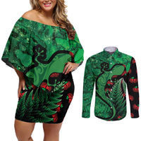 New Zealand Gecko Christmas Couples Matching Off Shoulder Short Dress and Long Sleeve Button Shirt Meri Kirihimete Paua Shell Mix Pohutukawa LT14 Green - Polynesian Pride