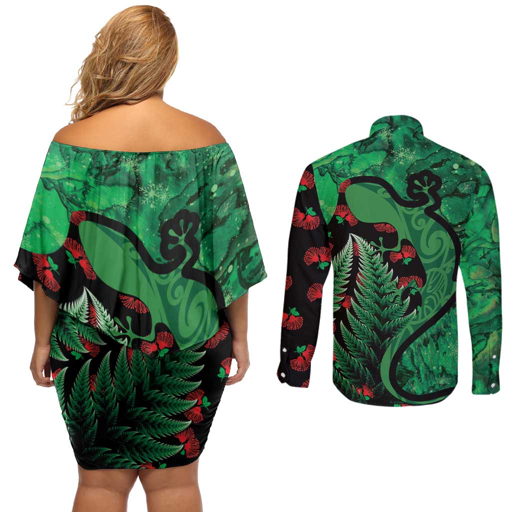 New Zealand Gecko Christmas Couples Matching Off Shoulder Short Dress and Long Sleeve Button Shirt Meri Kirihimete Paua Shell Mix Pohutukawa LT14 - Polynesian Pride