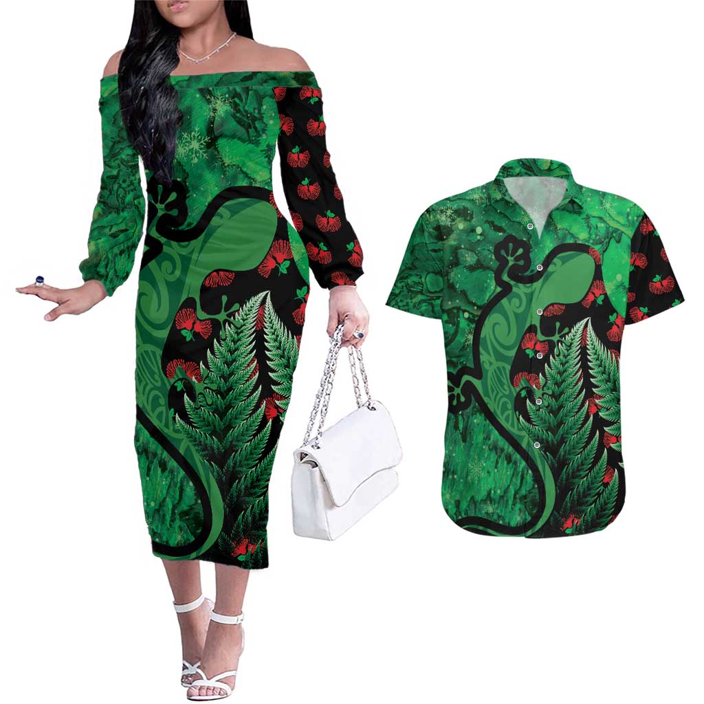 New Zealand Gecko Christmas Couples Matching Off The Shoulder Long Sleeve Dress and Hawaiian Shirt Meri Kirihimete Paua Shell Mix Pohutukawa LT14 Green - Polynesian Pride