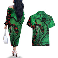 New Zealand Gecko Christmas Couples Matching Off The Shoulder Long Sleeve Dress and Hawaiian Shirt Meri Kirihimete Paua Shell Mix Pohutukawa LT14 - Polynesian Pride
