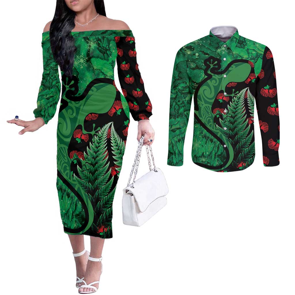 New Zealand Gecko Christmas Couples Matching Off The Shoulder Long Sleeve Dress and Long Sleeve Button Shirt Meri Kirihimete Paua Shell Mix Pohutukawa LT14 Green - Polynesian Pride