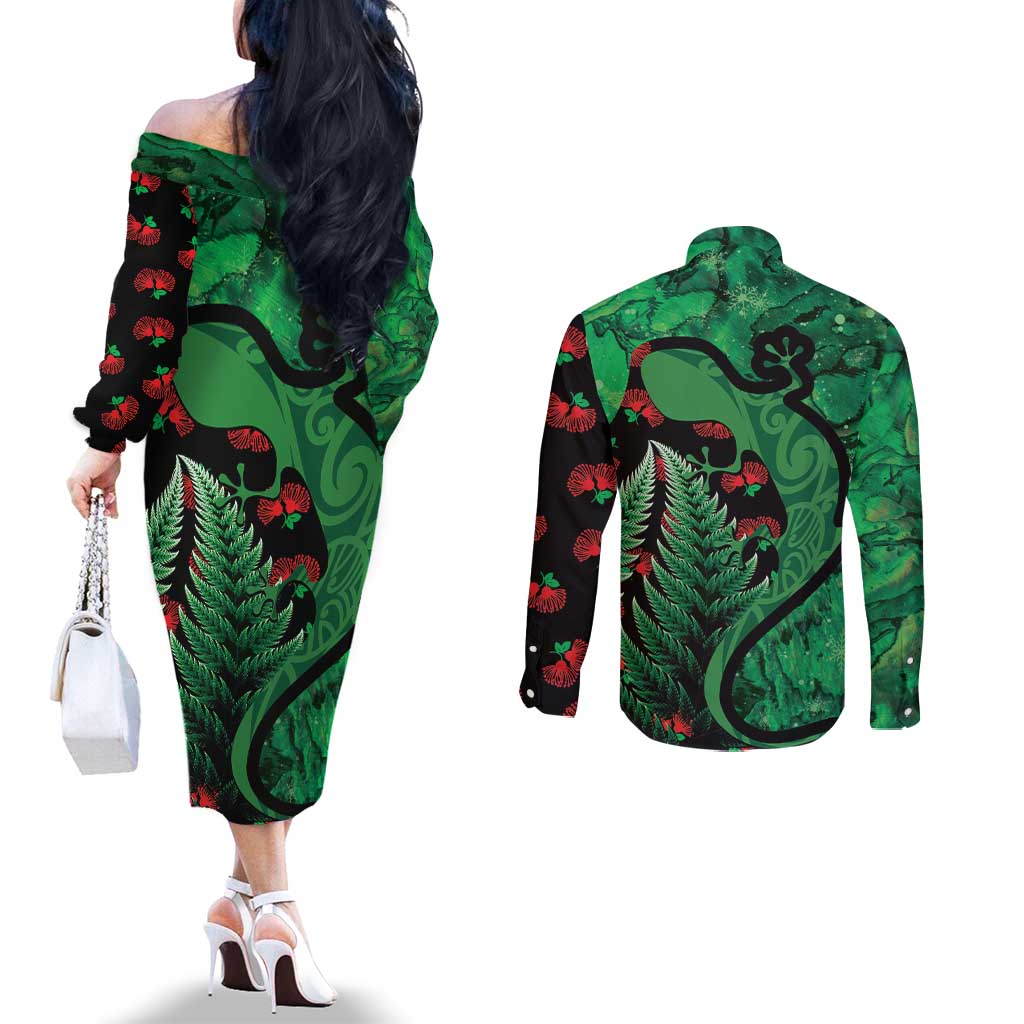 New Zealand Gecko Christmas Couples Matching Off The Shoulder Long Sleeve Dress and Long Sleeve Button Shirt Meri Kirihimete Paua Shell Mix Pohutukawa LT14 - Polynesian Pride
