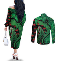 New Zealand Gecko Christmas Couples Matching Off The Shoulder Long Sleeve Dress and Long Sleeve Button Shirt Meri Kirihimete Paua Shell Mix Pohutukawa LT14 - Polynesian Pride