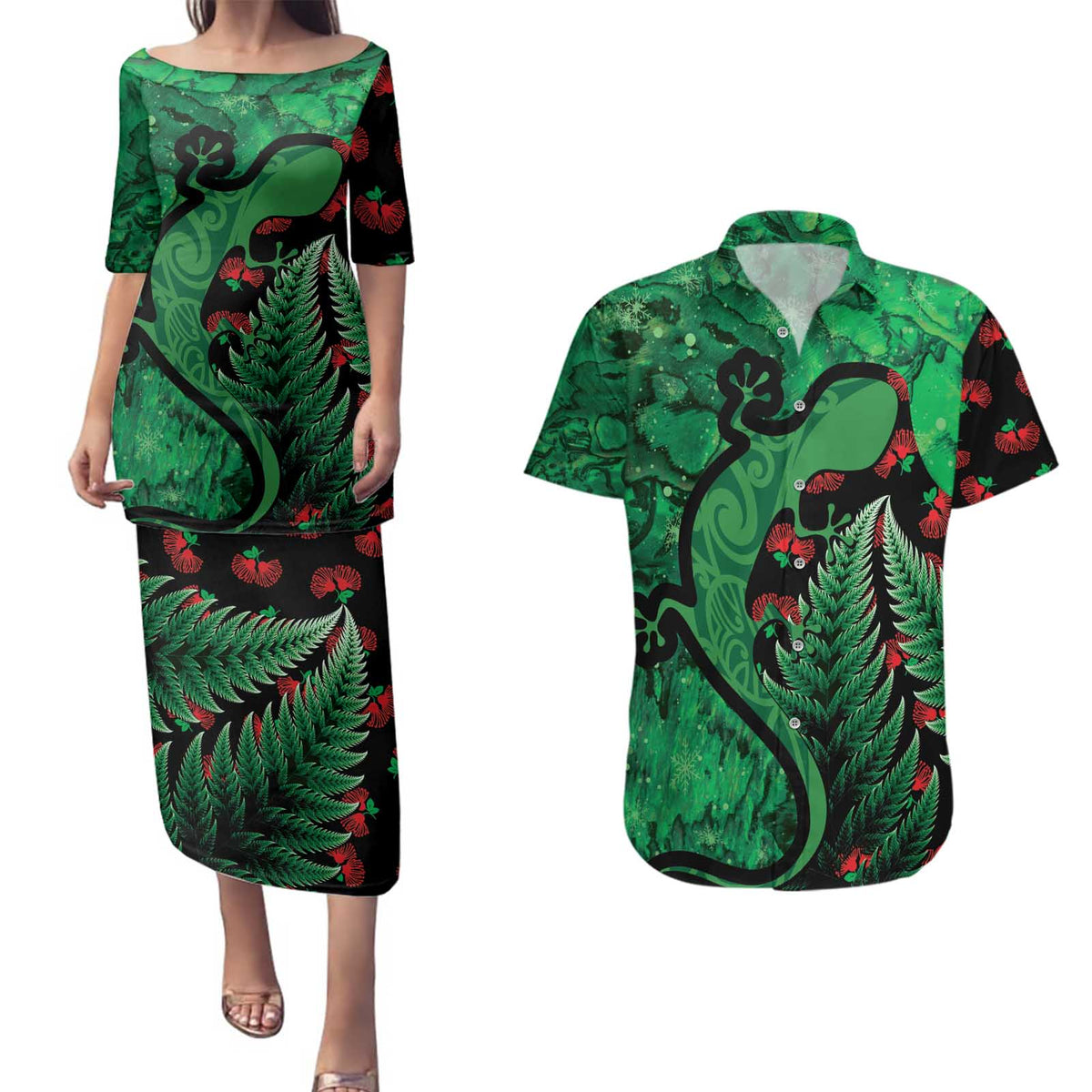 New Zealand Gecko Christmas Couples Matching Puletasi and Hawaiian Shirt Meri Kirihimete Paua Shell Mix Pohutukawa LT14 Green - Polynesian Pride