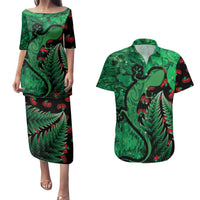 New Zealand Gecko Christmas Couples Matching Puletasi and Hawaiian Shirt Meri Kirihimete Paua Shell Mix Pohutukawa LT14 Green - Polynesian Pride