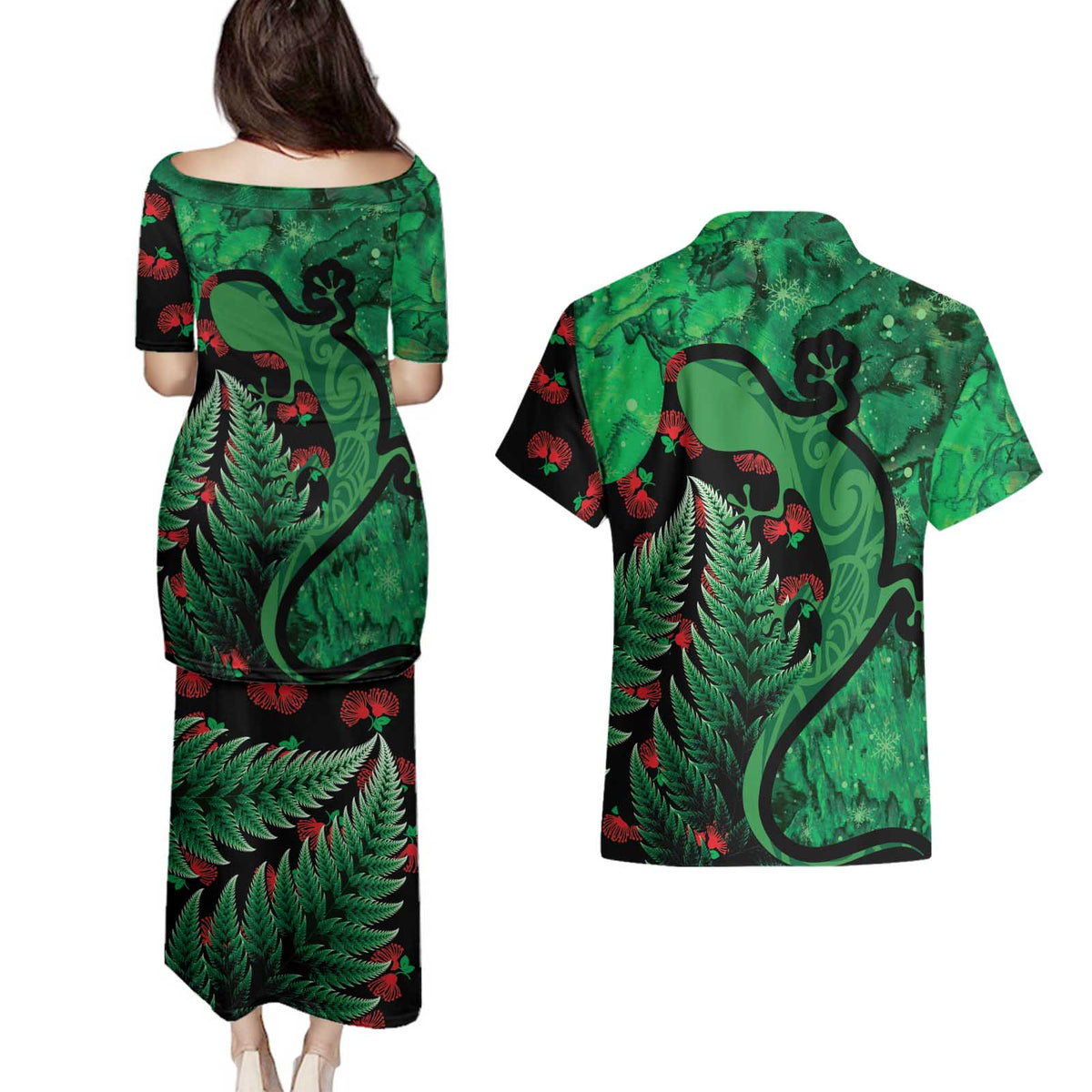 New Zealand Gecko Christmas Couples Matching Puletasi and Hawaiian Shirt Meri Kirihimete Paua Shell Mix Pohutukawa LT14 - Polynesian Pride