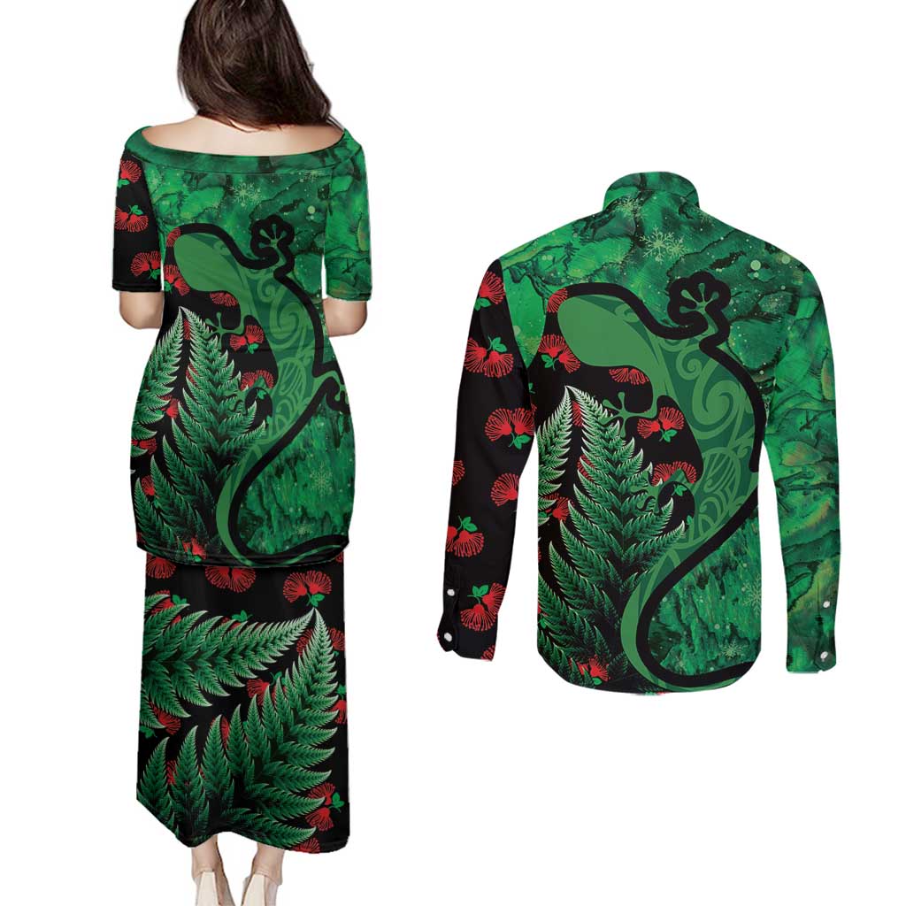 New Zealand Gecko Christmas Couples Matching Puletasi and Long Sleeve Button Shirt Meri Kirihimete Paua Shell Mix Pohutukawa LT14 - Polynesian Pride