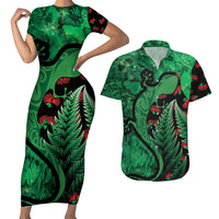 New Zealand Gecko Christmas Couples Matching Short Sleeve Bodycon Dress and Hawaiian Shirt Meri Kirihimete Paua Shell Mix Pohutukawa LT14 Green - Polynesian Pride