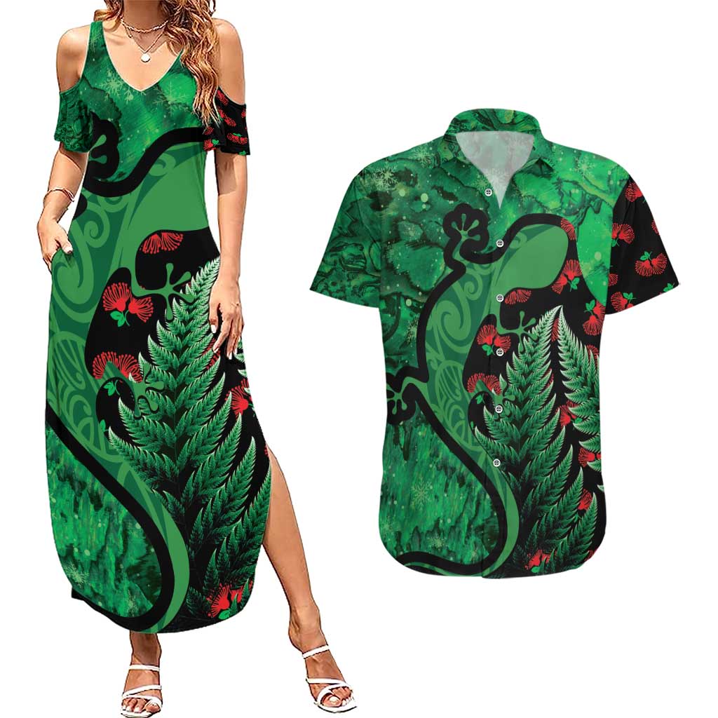 New Zealand Gecko Christmas Couples Matching Summer Maxi Dress and Hawaiian Shirt Meri Kirihimete Paua Shell Mix Pohutukawa LT14 Green - Polynesian Pride
