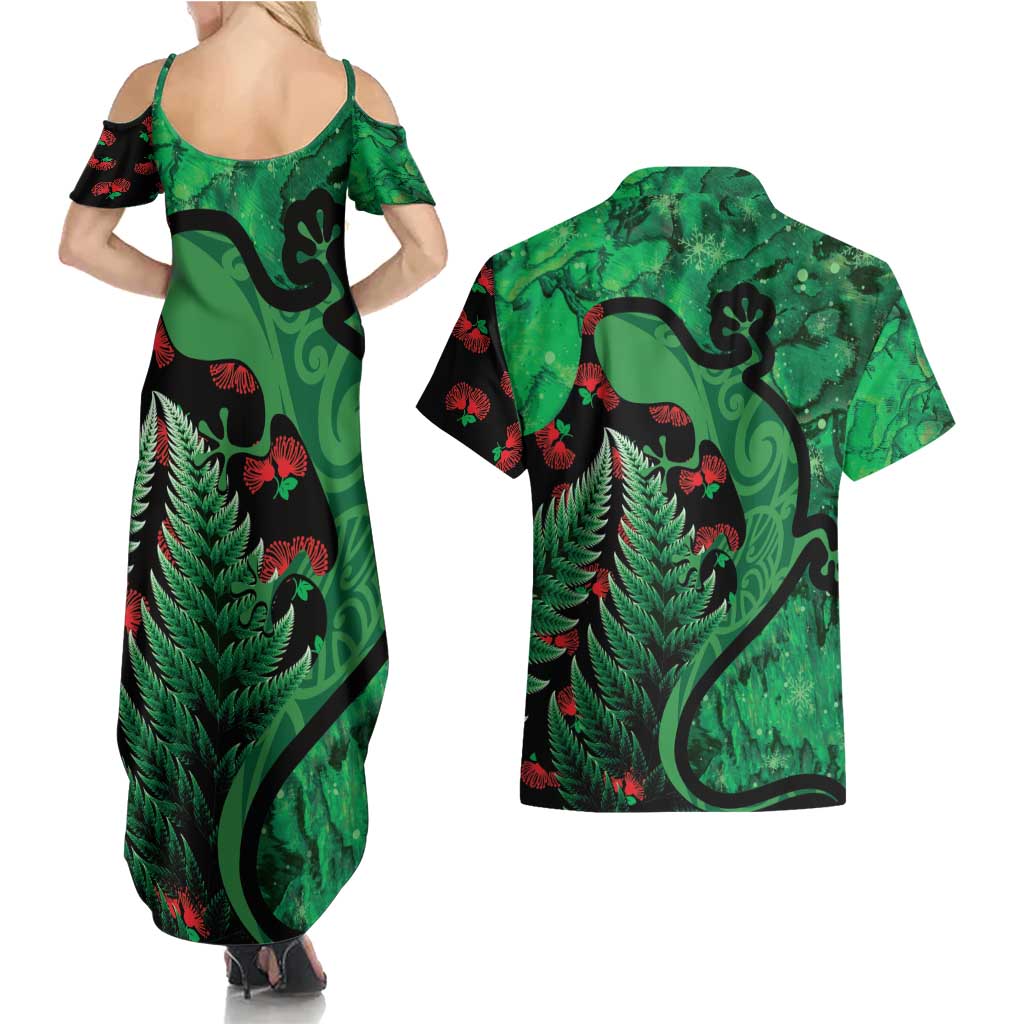 New Zealand Gecko Christmas Couples Matching Summer Maxi Dress and Hawaiian Shirt Meri Kirihimete Paua Shell Mix Pohutukawa LT14 - Polynesian Pride