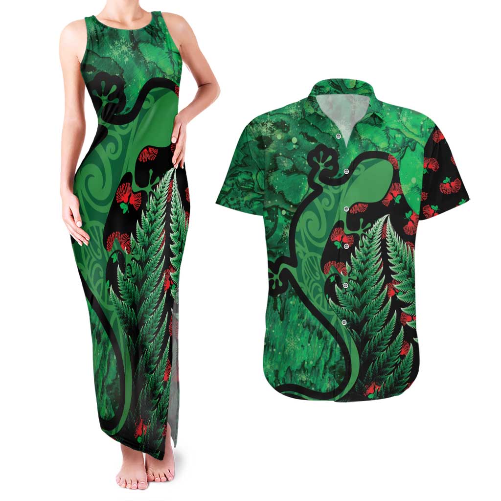 New Zealand Gecko Christmas Couples Matching Tank Maxi Dress and Hawaiian Shirt Meri Kirihimete Paua Shell Mix Pohutukawa LT14 Green - Polynesian Pride