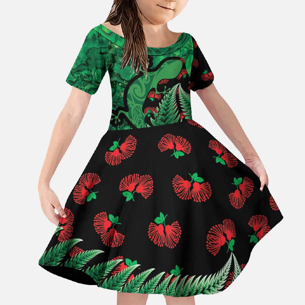 New Zealand Gecko Christmas Family Matching Long Sleeve Bodycon Dress and Hawaiian Shirt Meri Kirihimete Paua Shell Mix Pohutukawa LT14 Daughter's Dress Green - Polynesian Pride
