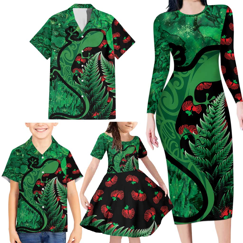 New Zealand Gecko Christmas Family Matching Long Sleeve Bodycon Dress and Hawaiian Shirt Meri Kirihimete Paua Shell Mix Pohutukawa LT14 - Polynesian Pride