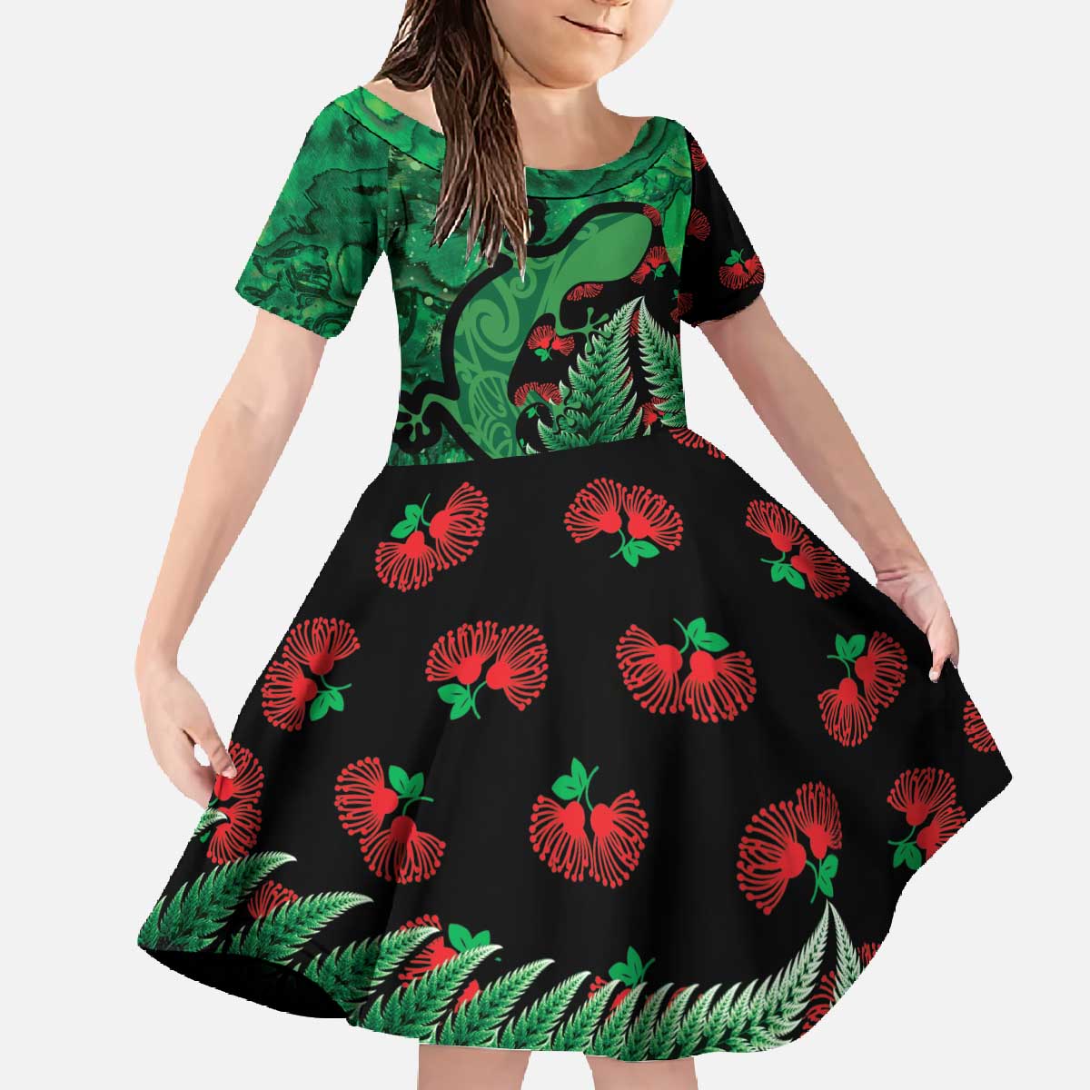 New Zealand Gecko Christmas Family Matching Off The Shoulder Long Sleeve Dress and Hawaiian Shirt Meri Kirihimete Paua Shell Mix Pohutukawa LT14 Daughter's Dress Green - Polynesian Pride