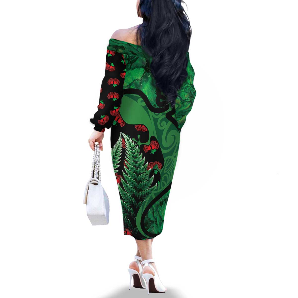 New Zealand Gecko Christmas Family Matching Off The Shoulder Long Sleeve Dress and Hawaiian Shirt Meri Kirihimete Paua Shell Mix Pohutukawa LT14 - Polynesian Pride