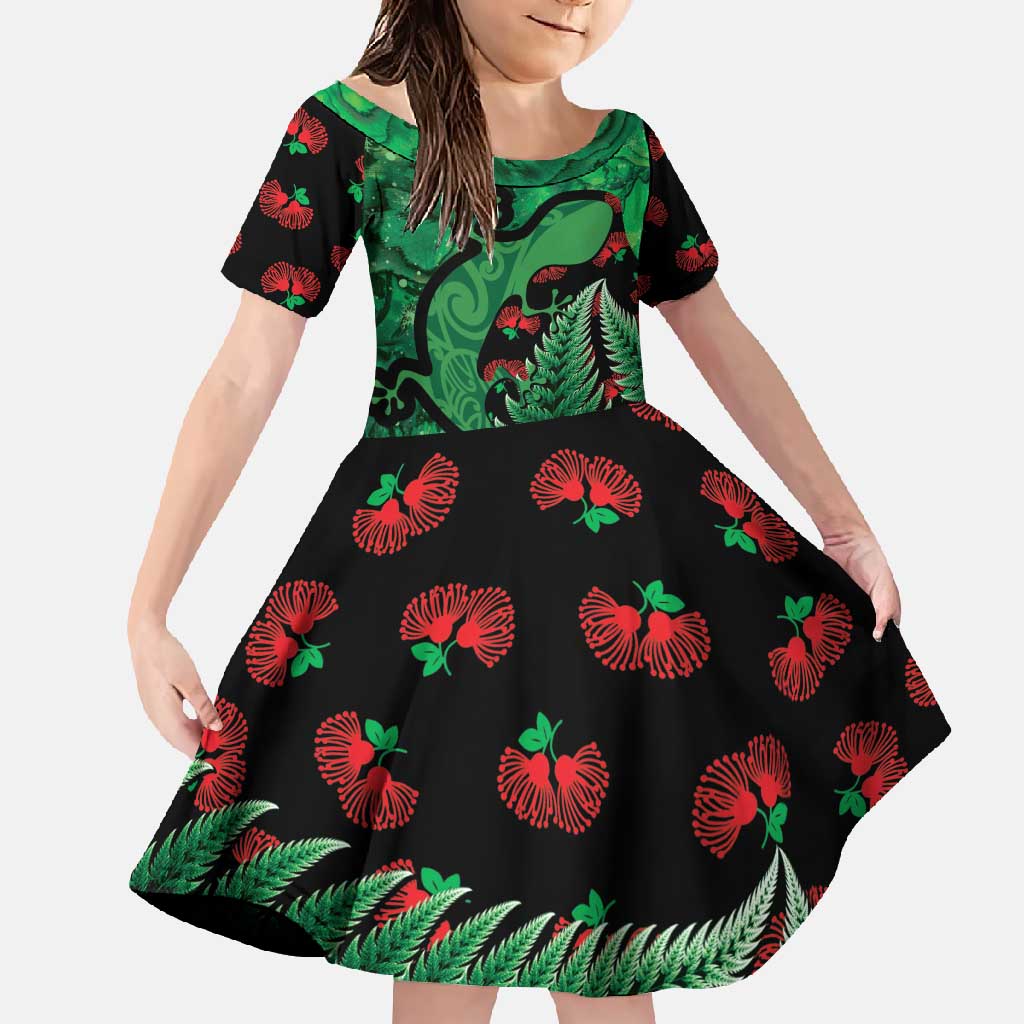 New Zealand Gecko Christmas Family Matching Off Shoulder Maxi Dress and Hawaiian Shirt Meri Kirihimete Paua Shell Mix Pohutukawa LT14 Daughter's Dress Green - Polynesian Pride