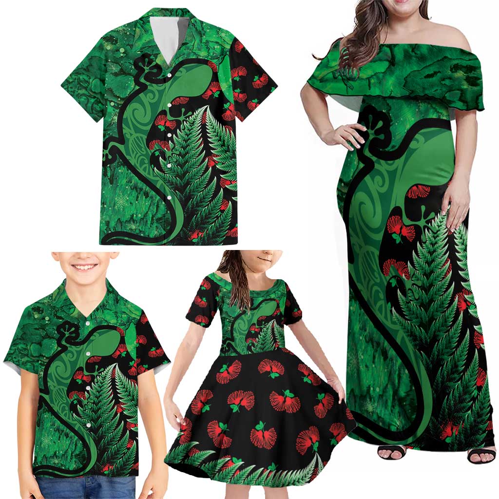 New Zealand Gecko Christmas Family Matching Off Shoulder Maxi Dress and Hawaiian Shirt Meri Kirihimete Paua Shell Mix Pohutukawa LT14 - Polynesian Pride