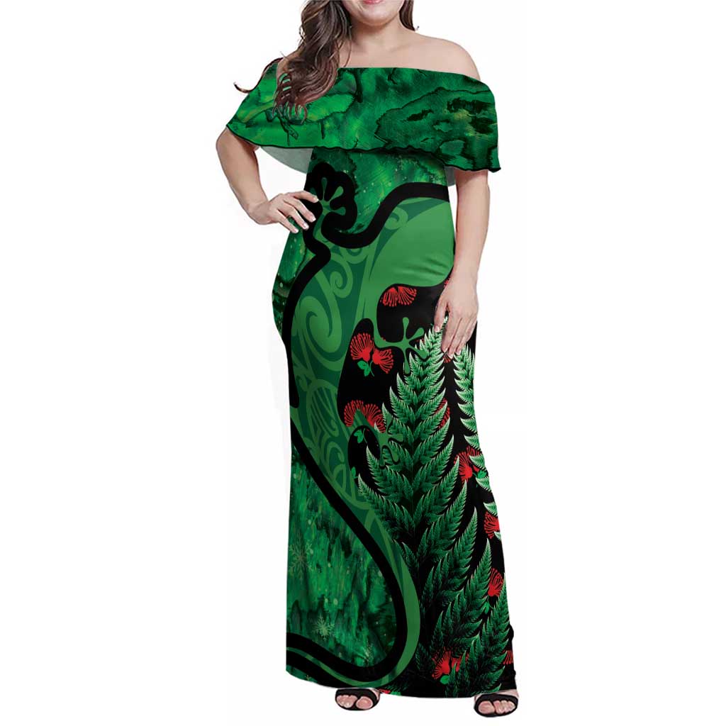 New Zealand Gecko Christmas Family Matching Off Shoulder Maxi Dress and Hawaiian Shirt Meri Kirihimete Paua Shell Mix Pohutukawa LT14 Mom's Dress Green - Polynesian Pride