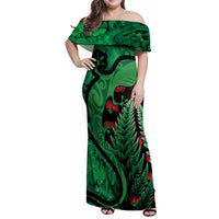 New Zealand Gecko Christmas Family Matching Off Shoulder Maxi Dress and Hawaiian Shirt Meri Kirihimete Paua Shell Mix Pohutukawa LT14 Mom's Dress Green - Polynesian Pride