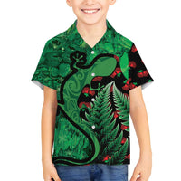 New Zealand Gecko Christmas Family Matching Off Shoulder Maxi Dress and Hawaiian Shirt Meri Kirihimete Paua Shell Mix Pohutukawa LT14 Son's Shirt Green - Polynesian Pride