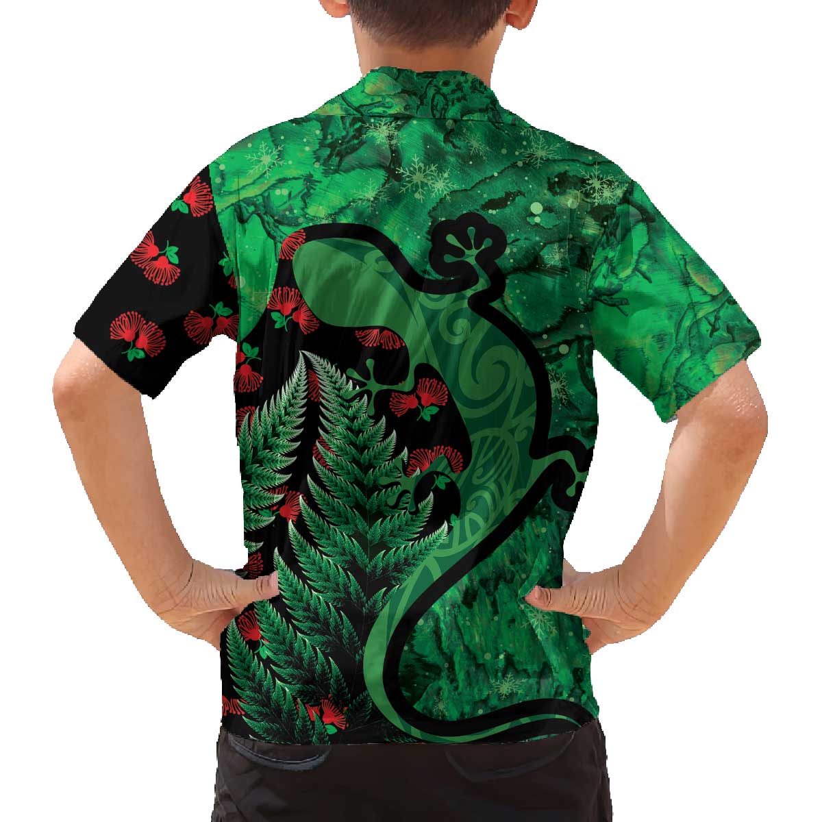 New Zealand Gecko Christmas Family Matching Off Shoulder Short Dress and Hawaiian Shirt Meri Kirihimete Paua Shell Mix Pohutukawa LT14 - Polynesian Pride