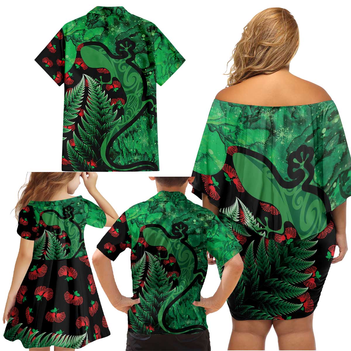 New Zealand Gecko Christmas Family Matching Off Shoulder Short Dress and Hawaiian Shirt Meri Kirihimete Paua Shell Mix Pohutukawa LT14 - Polynesian Pride