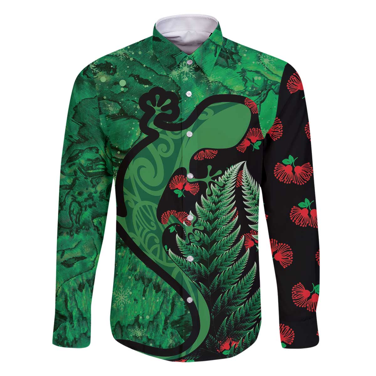 New Zealand Gecko Christmas Family Matching Off Shoulder Short Dress and Hawaiian Shirt Meri Kirihimete Paua Shell Mix Pohutukawa LT14 Dad's Shirt - Long Sleeve Green - Polynesian Pride