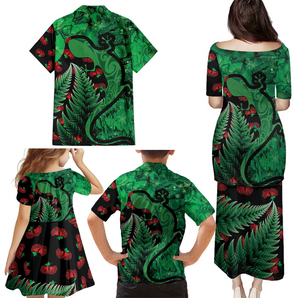 New Zealand Gecko Christmas Family Matching Puletasi and Hawaiian Shirt Meri Kirihimete Paua Shell Mix Pohutukawa LT14 - Polynesian Pride