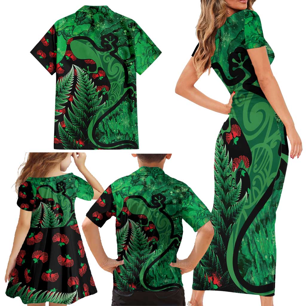New Zealand Gecko Christmas Family Matching Short Sleeve Bodycon Dress and Hawaiian Shirt Meri Kirihimete Paua Shell Mix Pohutukawa LT14 - Polynesian Pride