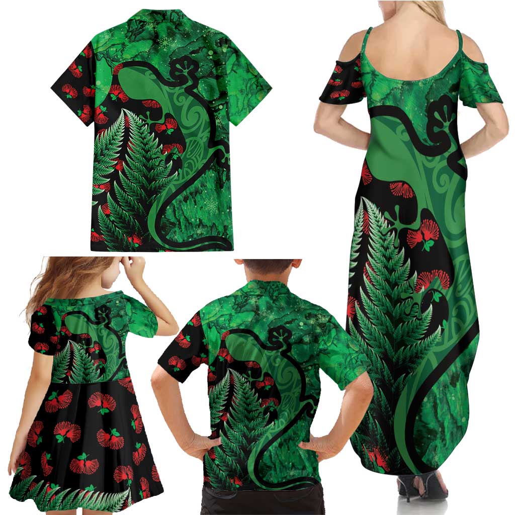 New Zealand Gecko Christmas Family Matching Summer Maxi Dress and Hawaiian Shirt Meri Kirihimete Paua Shell Mix Pohutukawa LT14 - Polynesian Pride