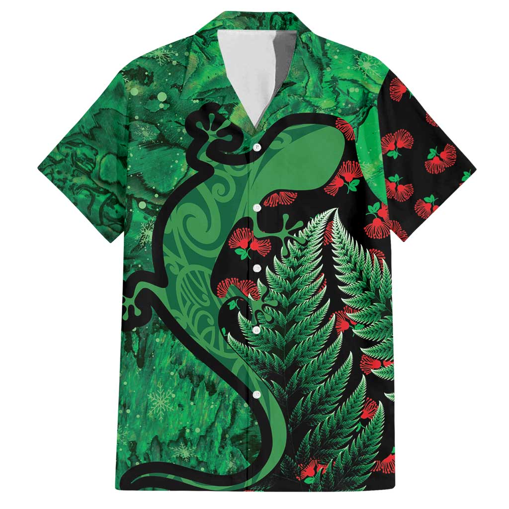 New Zealand Gecko Christmas Family Matching Summer Maxi Dress and Hawaiian Shirt Meri Kirihimete Paua Shell Mix Pohutukawa LT14 Dad's Shirt - Short Sleeve Green - Polynesian Pride