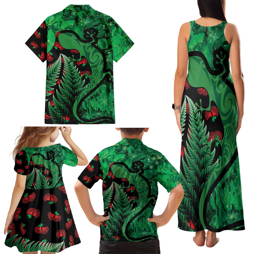 New Zealand Gecko Christmas Family Matching Tank Maxi Dress and Hawaiian Shirt Meri Kirihimete Paua Shell Mix Pohutukawa LT14 - Polynesian Pride